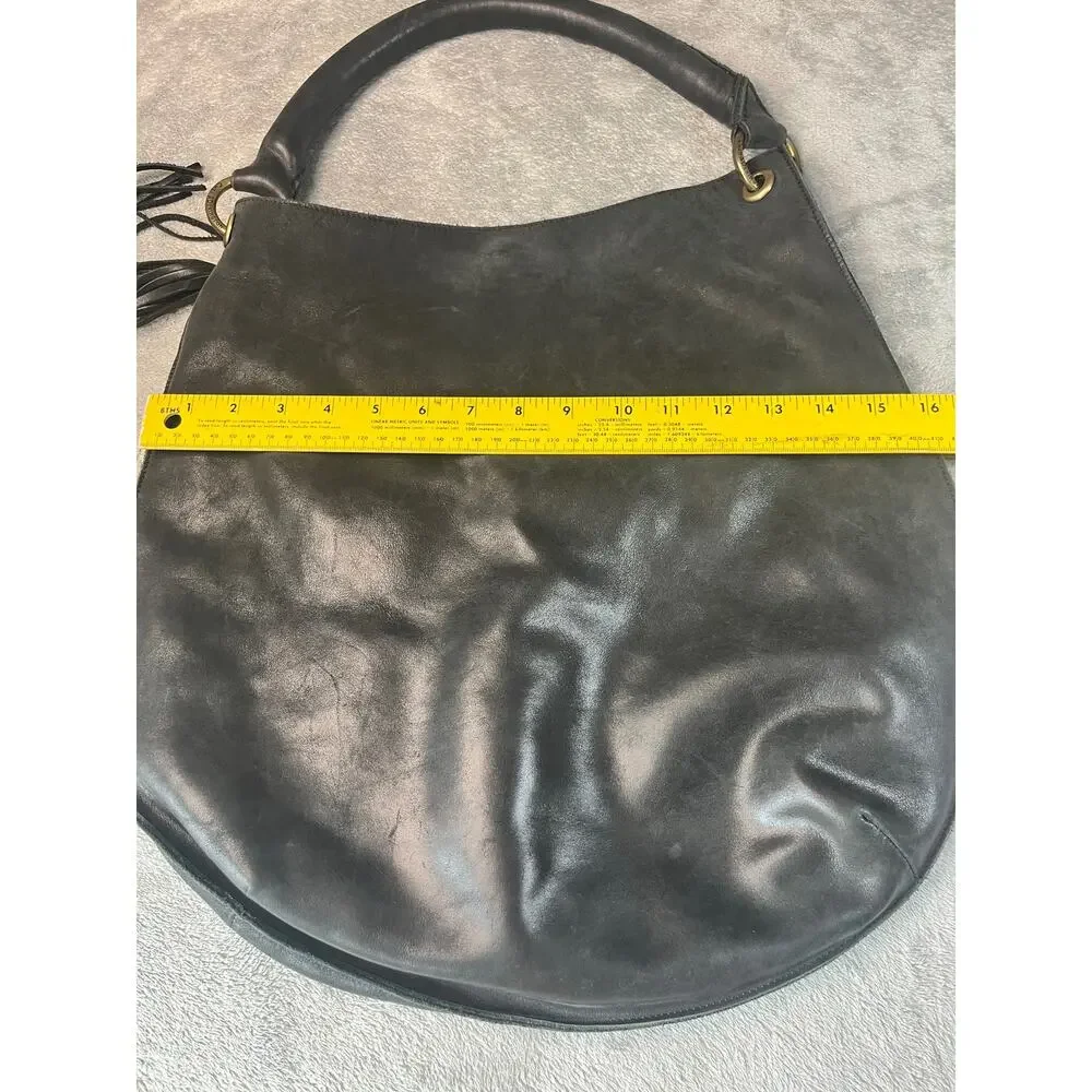 Chen & Derington Black Leather Hobo‎ Bag Tassel Shoulder Bag Brass Hardware